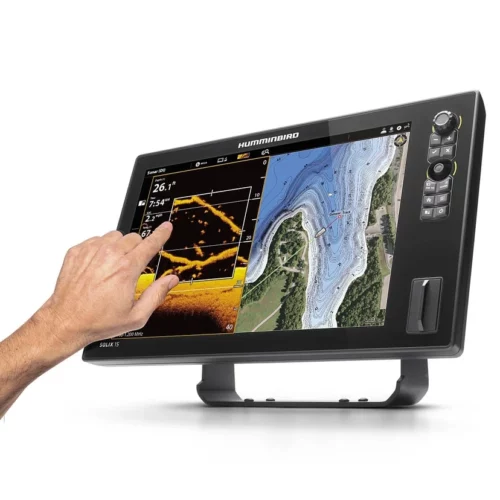 Humminbird SOLIX 15 left angled view with hand touching