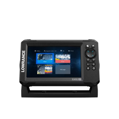Lowrance Eagle 7 fish finder menu screen showing chart, sonar, and split screen views