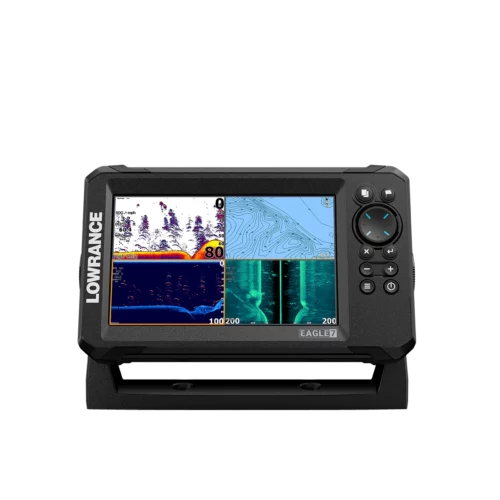 Lowrance Eagle 7 fish finder 4-way split screen view charts, maps and sonar
