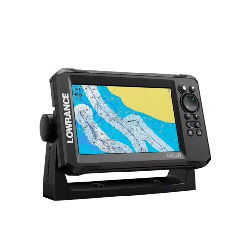 Lowrance Eagle 7 angled right view with charts screen plotting fish underwater