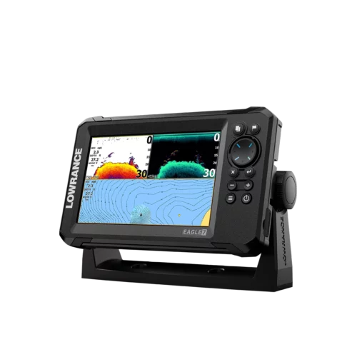 Lowrance Eagle 7 fish finder angled view of 3-way split screen of sonar and charts