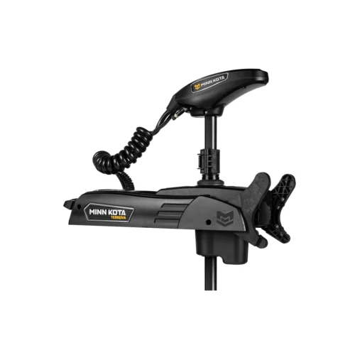 Top of Minn Kota electric boat trolling motor shaft and motor controls for angler fishing