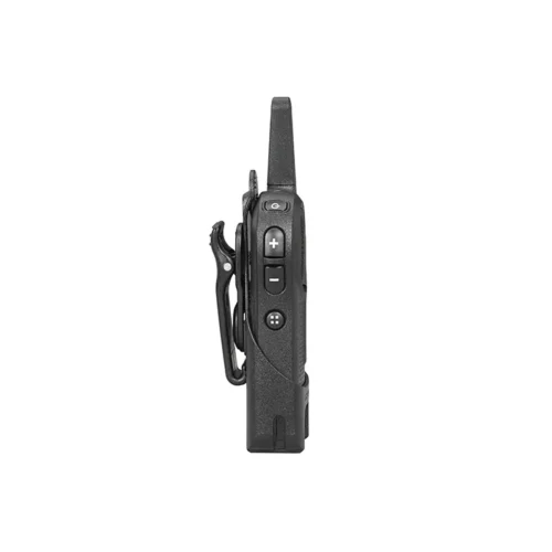 Motorola DLR1060 radio side view with belt clip