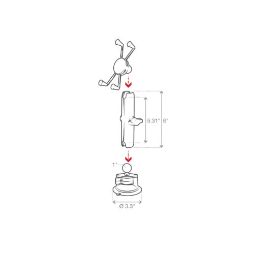 RAM-B-166-C-UN10U: RAM X-Grip Large Phone Mount with Suction Cup and Long Arm components measurements