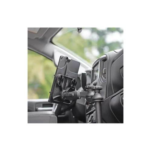 RAM-VB-203-SW2: RAM No-Drill Mount for '19-23 Chevy Silverado in use with tablet and mount showing from back