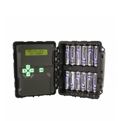 Reconyx HyperFire 2 License Plate Capture Camera in green open with batteries and display