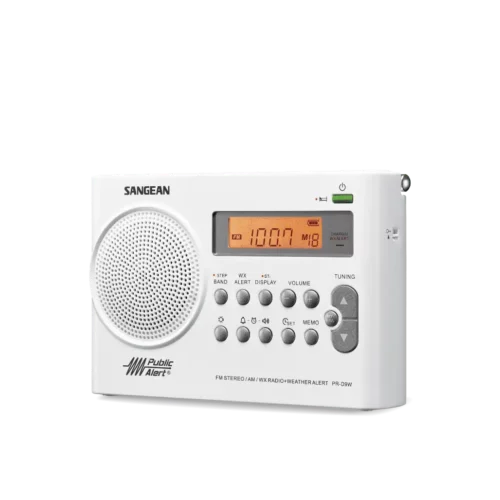 Sangean PR-D9W Portable AM / FM Stereo Radio in white angled left view