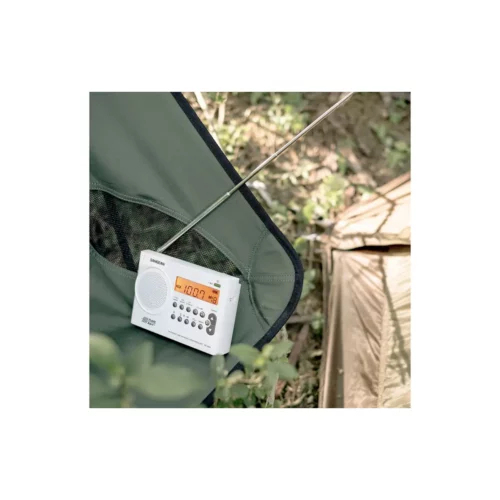 Sangean PR-D9W Portable AM / FM Stereo Radio in white with antenna deployed outside