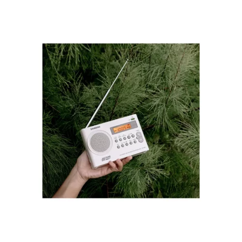 Sangean PR-D9W Portable AM / FM Stereo Radio in white with antenna out in hand