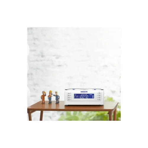 Sangean RCR-22 AM / FM-RBDS / AUX Digital Tuning Radio in white on table with Lego beside it