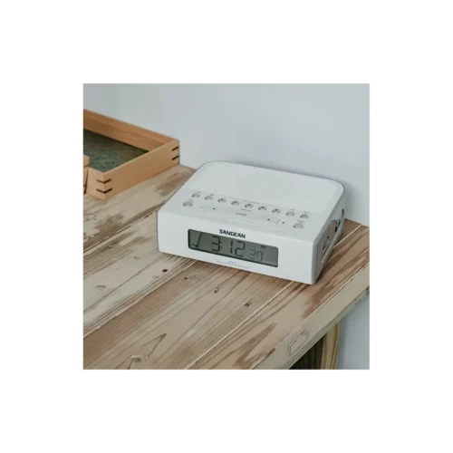 Sangean RCR-5 AM/FM Digital Tuning Radio in white sitting on desk