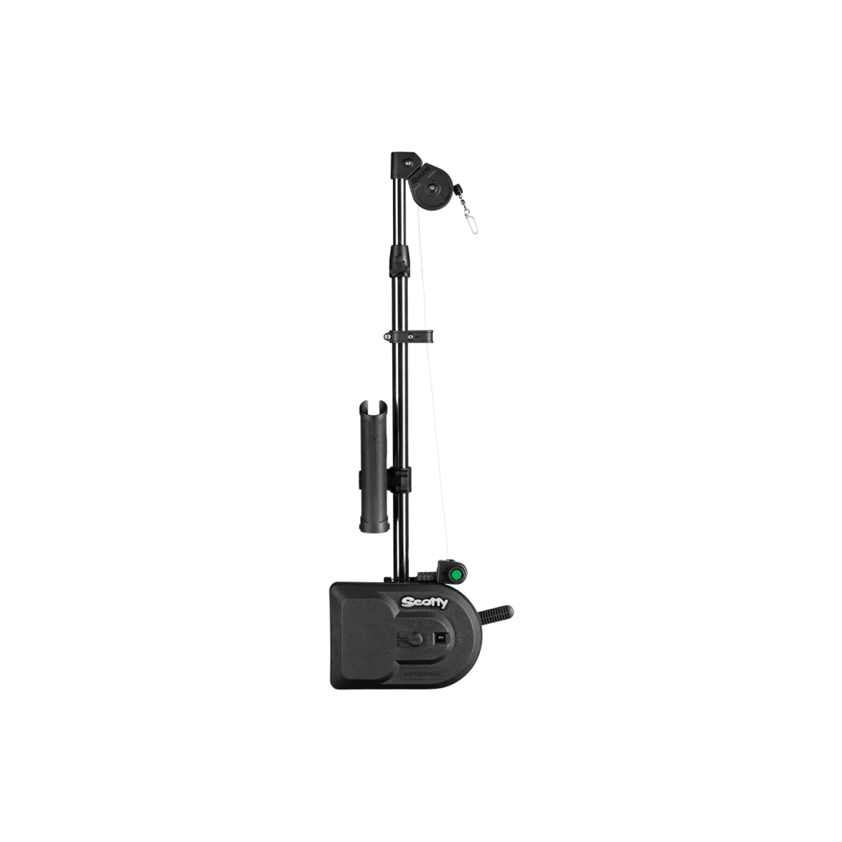 Scotty 1106B Depthpower electric downrigger top view of rod, mount, and downrigger