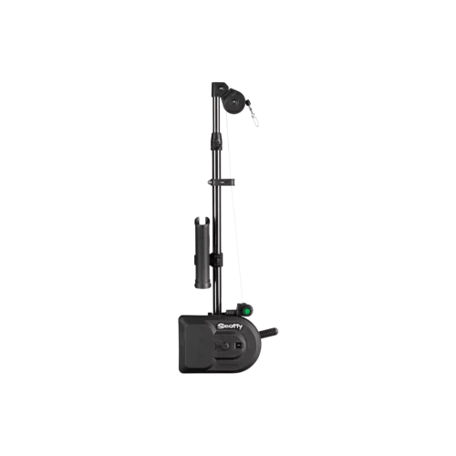 Scotty 1106B Depthpower electric downrigger top view of rod, mount, and downrigger