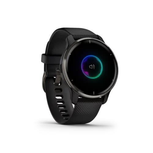 Garmin Venu 2 Plus in black with music playing screen