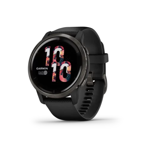 Garmin Venu 2 black left angled with home screen