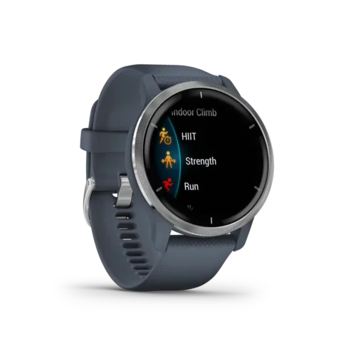 Garmin Venu 2 - Silver Bezel with Granite Blue Case and Silicone Band right angled with menu options