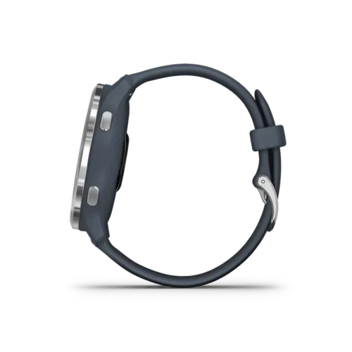Garmin Venu 2 - Silver Bezel with Granite Blue Case and Silicone Band side view with buttons