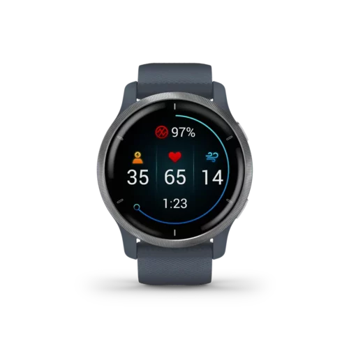 Garmin Venu 2 - Silver Bezel with Granite Blue Case and Silicone Band with stats screen