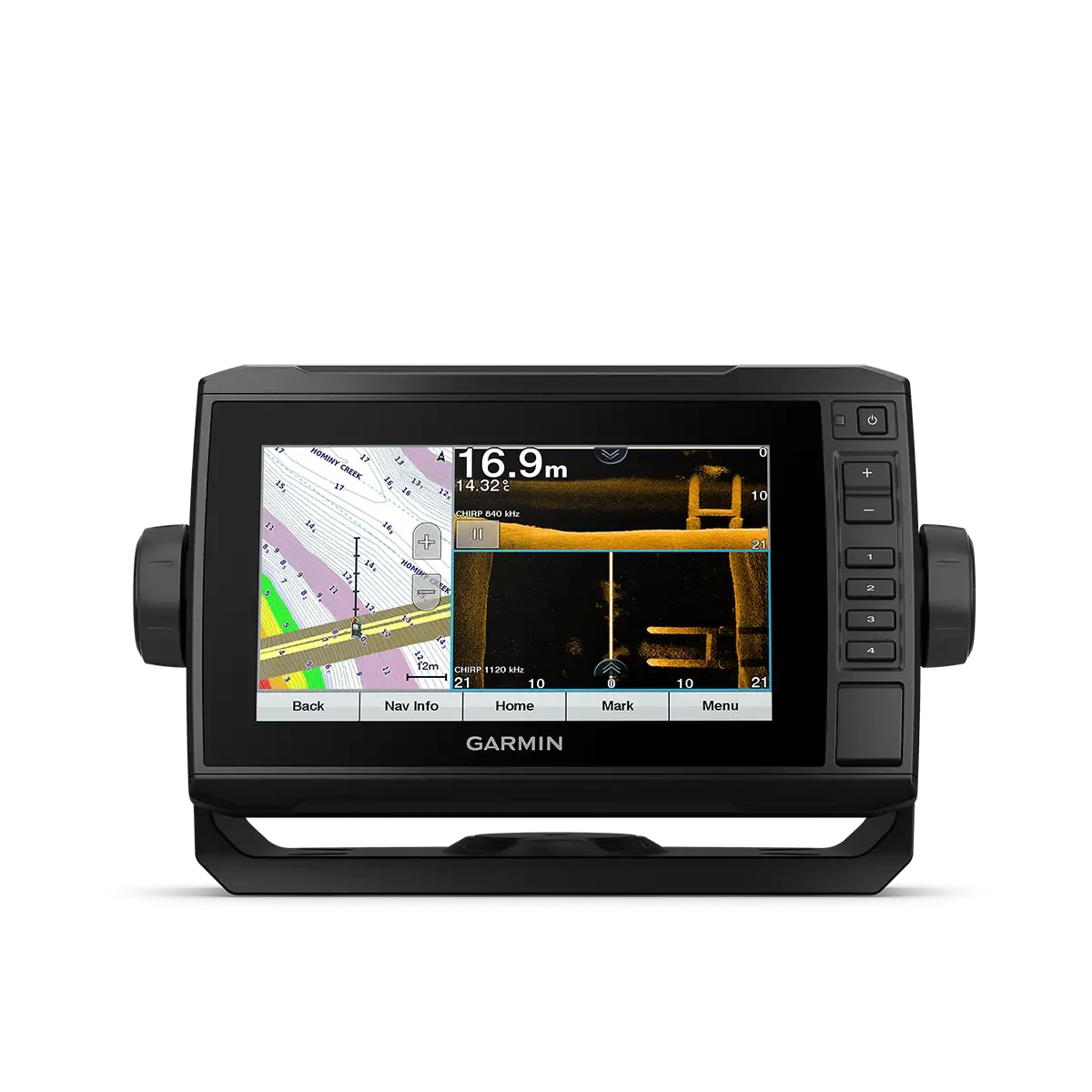 Garmin fish finder ECHOMAP UHD 75sv front view showing sonar maps on 7” screen