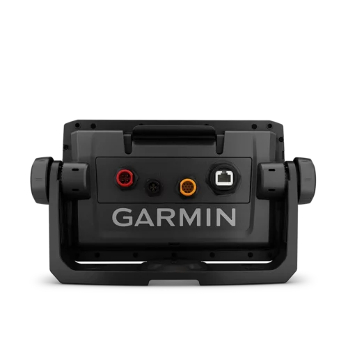 Rear view of Garmin 75sv fish finder and transducer with 4 ports for power and data inputs