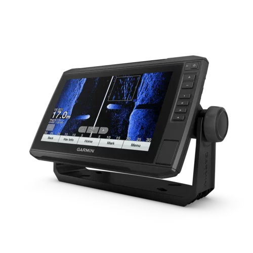 Right angled view of Garmin UHD 95sv fishfinder with transducer showing CHIRP sonar screen