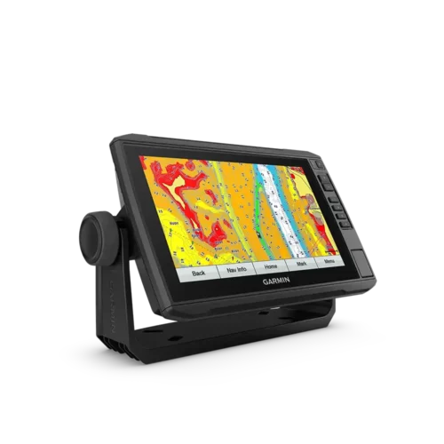 Garmin ECHOMAP Fish Finder UHD 95sv with GT56UHD-TM angled right view with charts