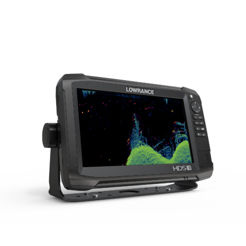 Lowrance HDS Carbon 9 fish finder and chartplotter angled view showing sonar