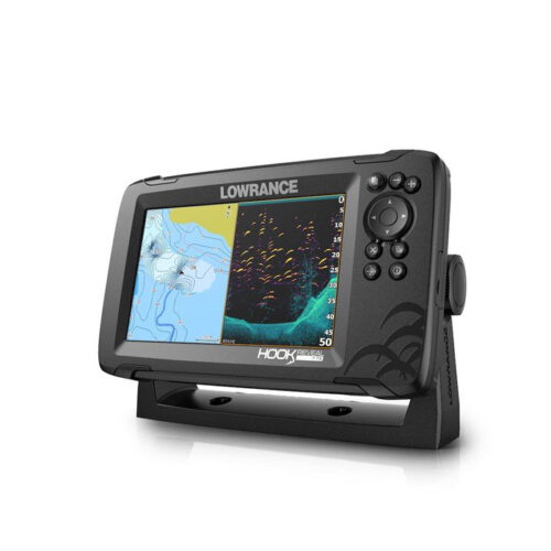 Lowrance Hook Reveal 7 fish finder showing sonar map and fish density