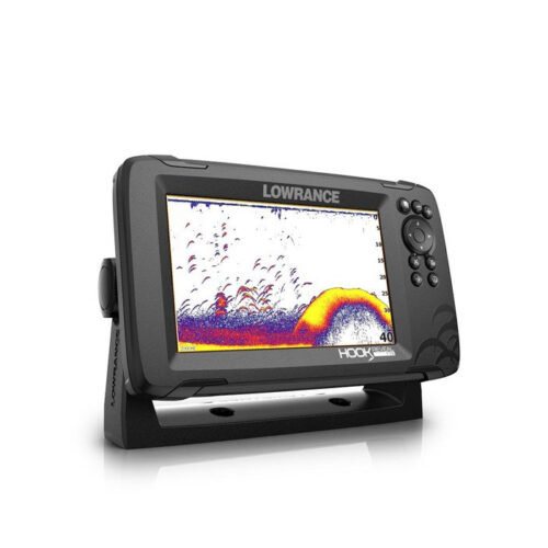 Angled view of Lowrance Hook Reveal 7 with Transducer showing sonar screen