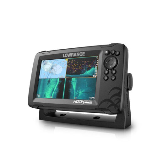 Lowrance fish finder sold in Canada Hook Reveal 7 showing angled 4-view split screen of sonar and fish finder