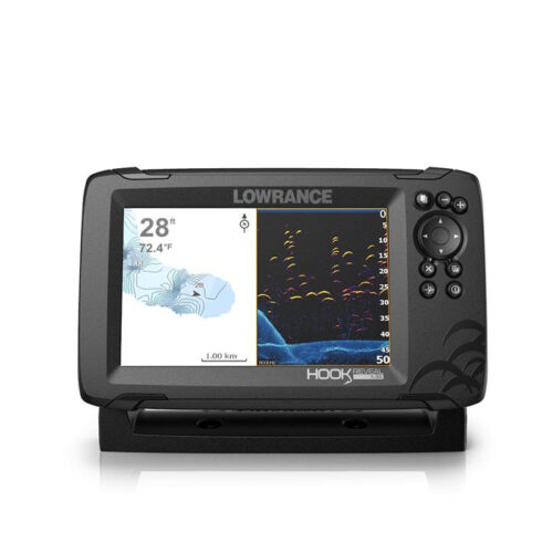 Hook Reveal 7 with TripleShot Transducer 7” screen showing 2-view split screen for fish finding