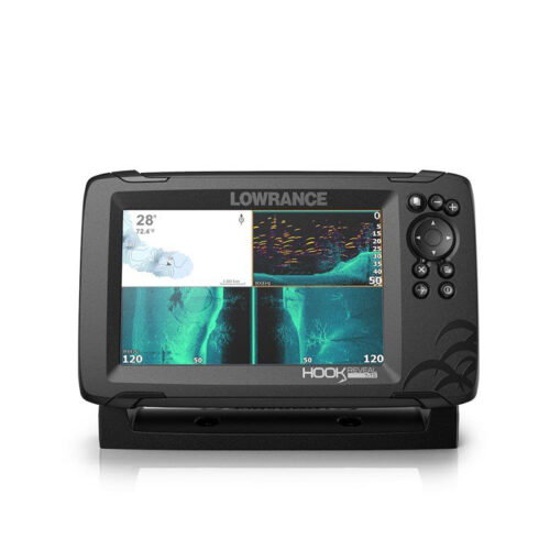 Front view of Lowrance Hook Reveal 7 fish finder with 4-view split screen